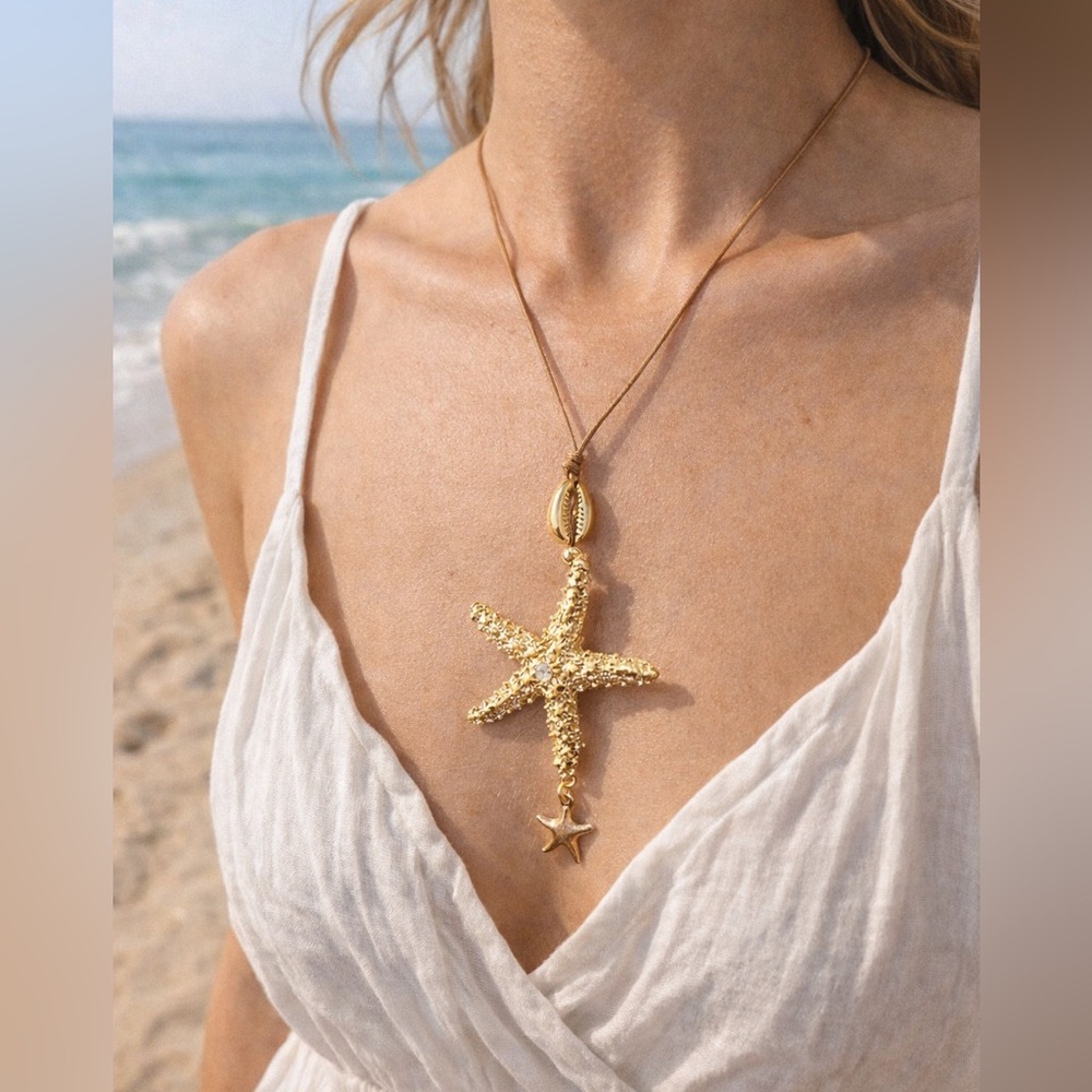Gold Starfish Pendant Necklace – Coastal Beach Statement Jewelry
